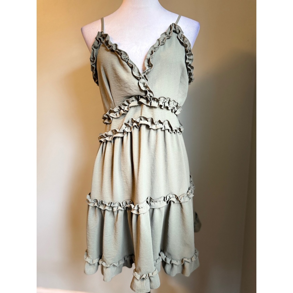 Grunge fairy Ruffle Mini Dress Sleeveless Sage Green Large Y2K cottage whimsi
